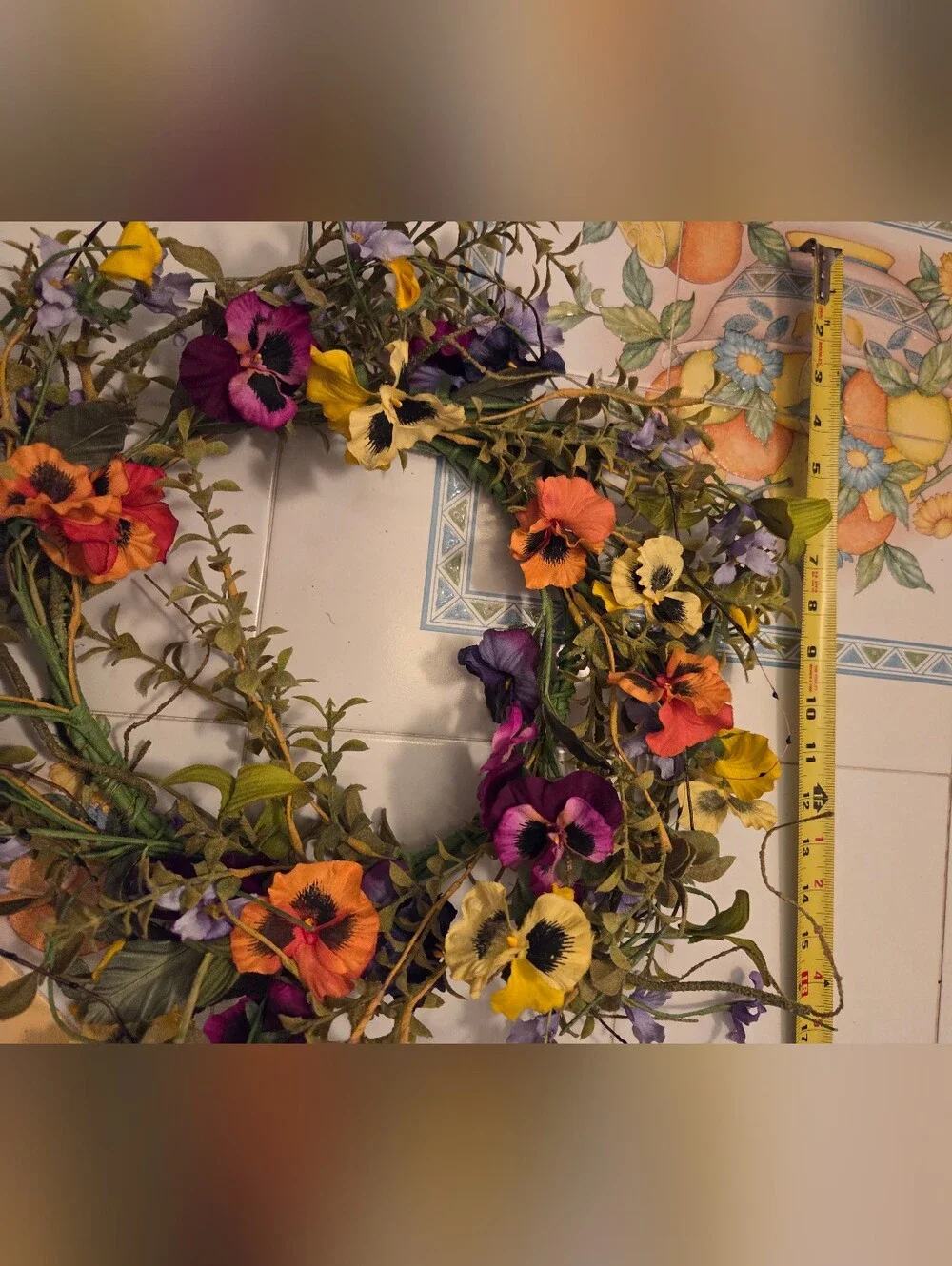 Artificial Pansy Wreath in Purple, Yellow, Orange - Home Accents